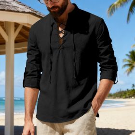 Mens Casual Long-sleeve Linen Henley Shirt (Option: Black-M)