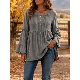 Lace-trimmed Loose-fit Shirt With Tassel Patchwork Top (Option: Gray-M)