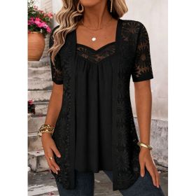 Womens Fashionable Floral-pattern Lace Mesh Hollow-out Trim Faux Two-piece Top (Option: Black-M)