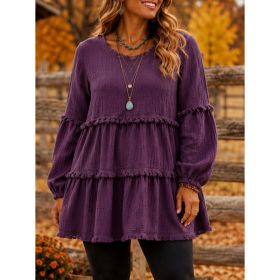 Womens Casual Top With Long Sleeves And Panel Design (Option: Purple-M)