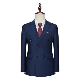 Men's Business Casual Double-breasted Suit Jacket Fashion Solid Color Coat (Option: Dark Blue-L)
