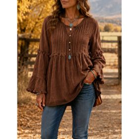 Lace-trimmed Loose-fit Shirt With Tassel Patchwork Top (Option: Brown-M)
