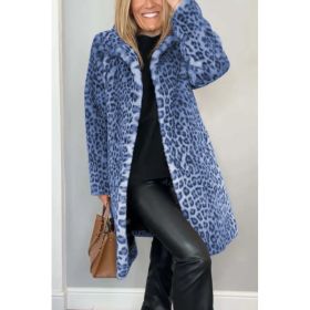 Fall Winter Leopard Print Plush Mid-length Coat (Option: Blue-M)