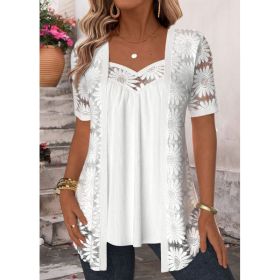 Womens Fashionable Floral-pattern Lace Mesh Hollow-out Trim Faux Two-piece Top (Option: White-M)