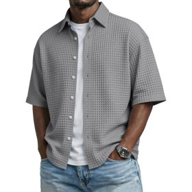 Men's Solid-Colored Waffle-Weave T-Shirt With Lapel Collar (Option: Gray-S)