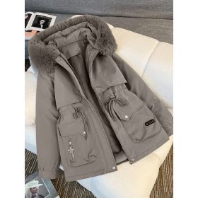 Fur Collar Fashionable All-matching Jacket Hooded Warm Cotton-padded Coat (Option: Gray-L)