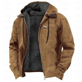 Winter Hooded Coat With Pockets Fashion Warm Fleece Zip-up Jacket Casual Outwear Men's Clothing (Option: Camel-L)