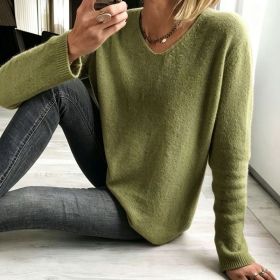 Womens Relaxed-fit Casual V-neck Drop-shoulder Sweater (Option: Olive-M)