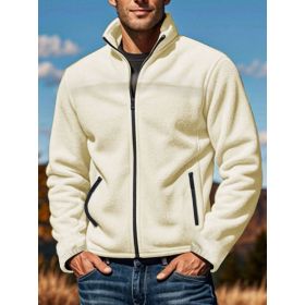 Men's Polar Fleece Jacket Outdoor Zipped Stand Collar Coat (Option: White-M)