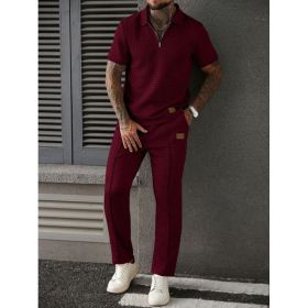 Casual Zip-Up Polo Shirt Top And Pants Two-Piece Set (Option: Wine Red-M)