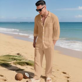Beach Leisure Loose Collar Shirt Long Sleeve Pants Set (Option: Yellowish Brown-S)