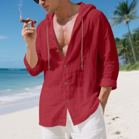 Mens Linen Hooded Long-Sleeve Casual Cardigan Shirt (Option: Bright Red-S)