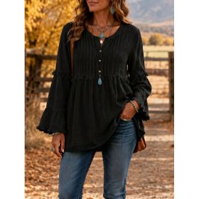 Lace-trimmed Loose-fit Shirt With Tassel Patchwork Top (Option: Black-M)