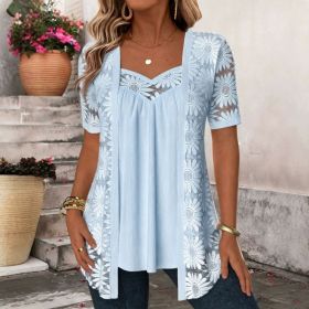Womens Fashionable Floral-pattern Lace Mesh Hollow-out Trim Faux Two-piece Top (Option: Sky blue-M)
