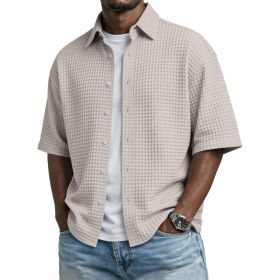 Men's Solid-Colored Waffle-Weave T-Shirt With Lapel Collar (Option: Beige-M)