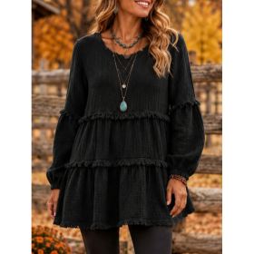 Womens Casual Top With Long Sleeves And Panel Design (Option: Black-M)