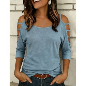 Womens Off-shoulder T-shirt With Five-quarter Sleeves (Option: Sea Blue-M)