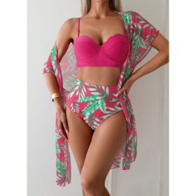 Women's Maple Leaf Printed High Waist Mesh Bikini Suit (Option: Rose red-M)