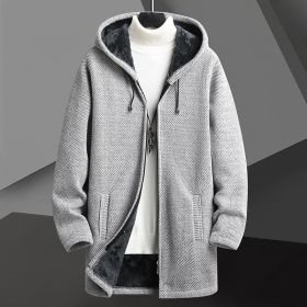 Fall Winter Men Fleece-lined Mid-length Zipper Hooded Sweater Cardigan (Option: Light Gray-M)