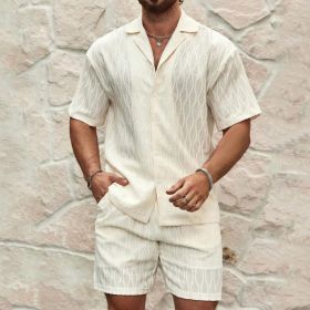 Men Tracksuits Summer Fashion Solid Loose Casual Two Pieces Lapel Button Shirt Shorts Beach Holiday All-match Outfits Male (Option: Beige-M)