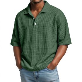Men's Summer Basic Style Waffle Pattern Button Collar POLO Shirt Short Sleeve New Top (Option: Dark Green-S)