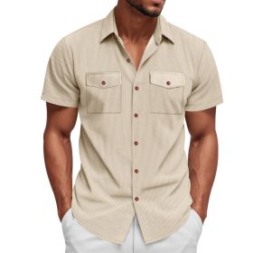Loose Heavy Lapel Corduroy Workwear Short Sleeve Shirt (Option: Apricot-M)