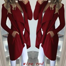 Women's Plus Size Solid Color Polo Collar Slim Fit Long Trench Coat (Option: Wine Red-M)
