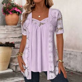 Womens Fashionable Floral-pattern Lace Mesh Hollow-out Trim Faux Two-piece Top (Option: Light Purple-M)