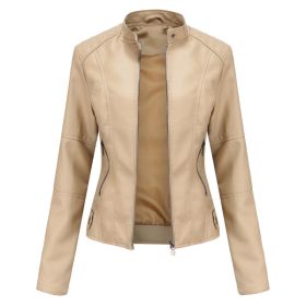 Thin Large Size Leather Clothing With Stand Collar Slim-fit Jacket (Option: Apricot-S)