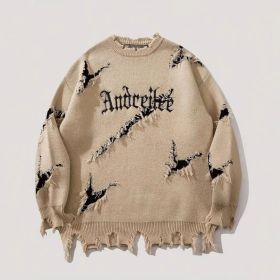 New Personality Street Jacquard Ripped Frayed Vintage Loose Sweater (Option: Beige-XXL)