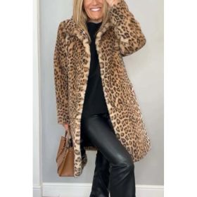Fall Winter Leopard Print Plush Mid-length Coat (Option: Khaki-M)