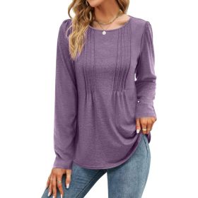 Plain-colored Long-sleeve Crew-neck Top (Option: Purple-M)