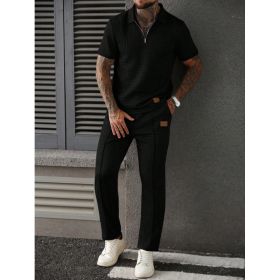 Casual Zip-Up Polo Shirt Top And Pants Two-Piece Set (Option: Black-S)