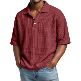 Men's Summer Basic Style Waffle Pattern Button Collar POLO Shirt Short Sleeve New Top (Option: Red-S)