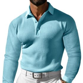 Lapel Button Long Sleeve Vacation Casual T-shirt (Option: Light Blue-L)