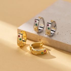 Personalized Multi-color Square Zircon Earrings Simple All-Match Ring Earrings (Option: Suit)