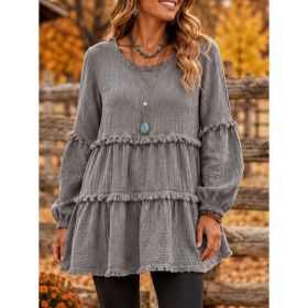 Womens Casual Top With Long Sleeves And Panel Design (Option: Gray-M)