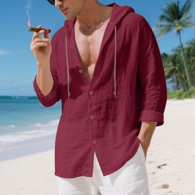 Mens Linen Hooded Long-Sleeve Casual Cardigan Shirt (Option: Wine Red-S)