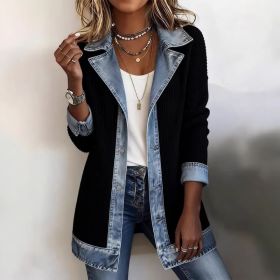 Denim Patchwork Jacket Fashion Commuter Lapel Button-down Long-sleeved Top For Women's Clothing (Option: Black-XS)