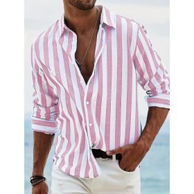 Striped Print Shirt Casual Loose Long-sleeved Shirt Men's Clothing (Option: HDCS05 Pink-S)