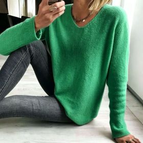 Womens Relaxed-fit Casual V-neck Drop-shoulder Sweater (Option: Green-M)