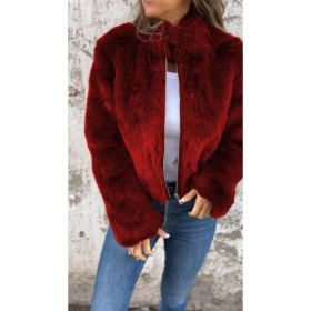 Fashion Stand Collar Plush Jacket Winter Casual Turtleneck Zipper Coat Fleece Tops Women's Clothing (Option: Red-M)