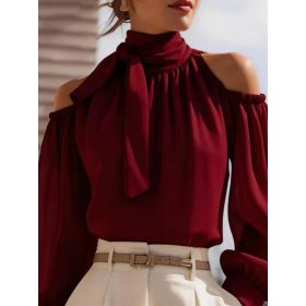 Womens Stand-collar Off-shoulder Top With Puff Sleeves (Option: Wine Red-2XL)