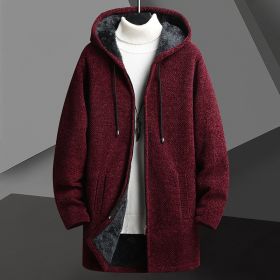 Fall Winter Men Fleece-lined Mid-length Zipper Hooded Sweater Cardigan (Option: Wine Red-XL)