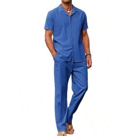 American-style Vintage Short-sleeve Shirt And Casual Trousers Two-piece Set (Option: Blue-L)