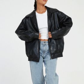 Leather Coat Women's Locomotive Style Top (Option: Black-XS)