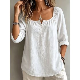 Casual V-neck Long-sleeve Pullover Womens T-shirt In Solid Colors And Multiple Shades (Option: White-2XL)