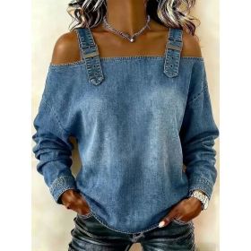 Halter-neck Off-shoulder Long-sleeve Top (Option: Blue-L)