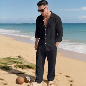 Beach Leisure Loose Collar Shirt Long Sleeve Pants Set (Option: Black-XXXXL)