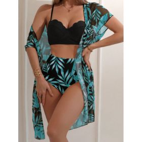 Women's Maple Leaf Printed High Waist Mesh Bikini Suit (Option: Black-XXL)